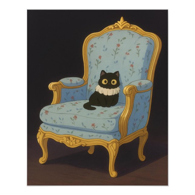 Black Cat on Blue Floral Armchair Fototryck (Framsidan)