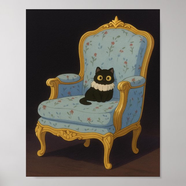 Black Cat on Blue Floral Armchair Poster (Framsidan)