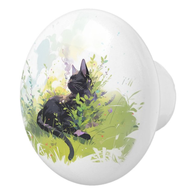 Black Cat on Grass Ceramic pull Knopp (Höger)