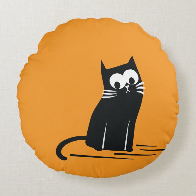 Black Cat on Orange – Kids  Rund Kudde (Framsidan)