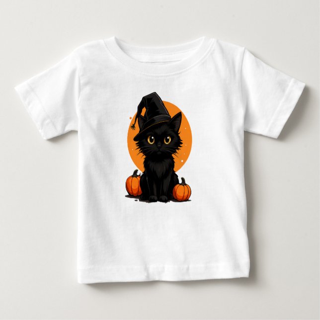Black Cat on Pumpkins under Full Moon  T Shirt (Framsida)