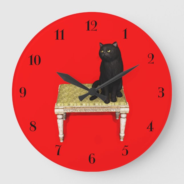 Black cat on the stool round clock stor klocka (Framsida)