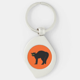 Black Cat on Vibrant Orange Swirl Silverfärgad Nyckelring