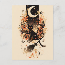 Black Cat on Witch’s Broom Under the Moon Helg Vykort