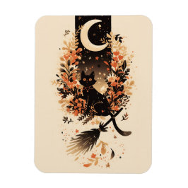 Black Cat on Witch’s Broom Under the Moon Magnet