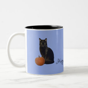 Black Cat Orange Pumpkins Happy halloween på Blue Två-Tonad Mugg