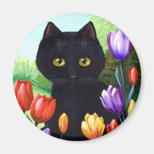 Black Cat Original Art Flowers Vår Creationarts Magnet