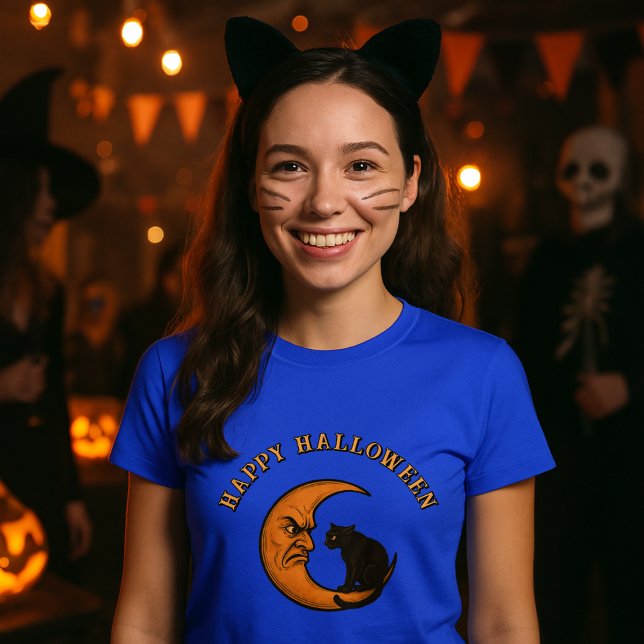 Black Cat på Arg Crescent Måne Halloween T Shirt (Skapare uppladdad)