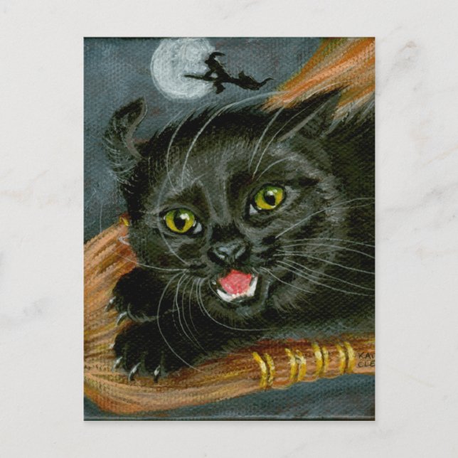 Black Cat på Broom Halloween-vykort Vykort (Framsida)