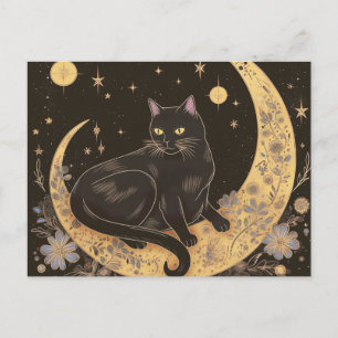 Black Cat på Crescent Måne Black Guld Halloween Helg Vykort