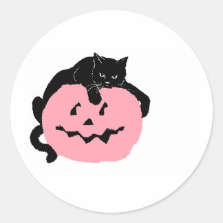 Black Cat på en Rosa Pumpkin Runt Klistermärke