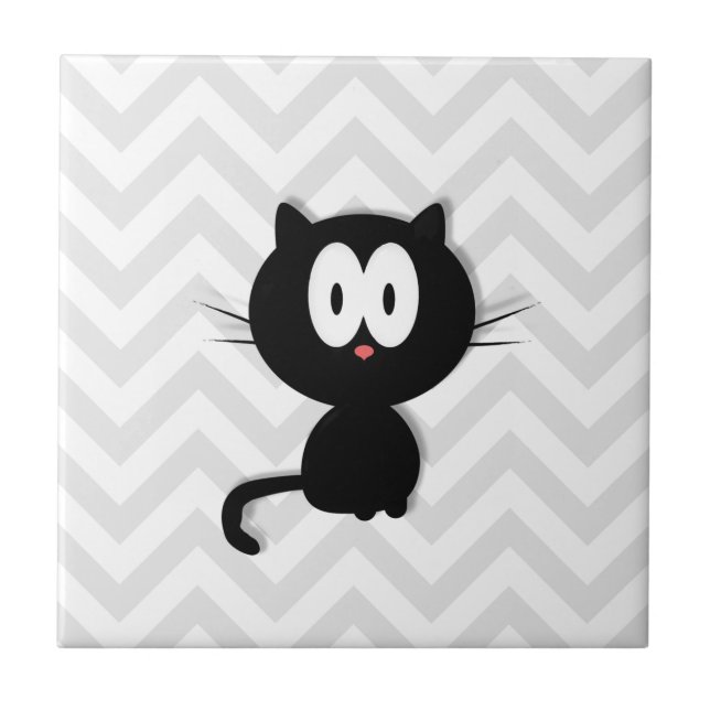 Black Cat på grått chevron Kakelplatta (Framsidan)