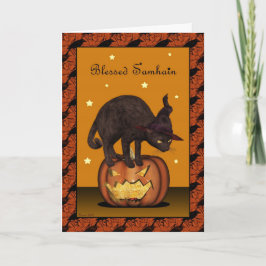 Black Cat på Jack-o-lantern Samhain-hälsningskort Kort