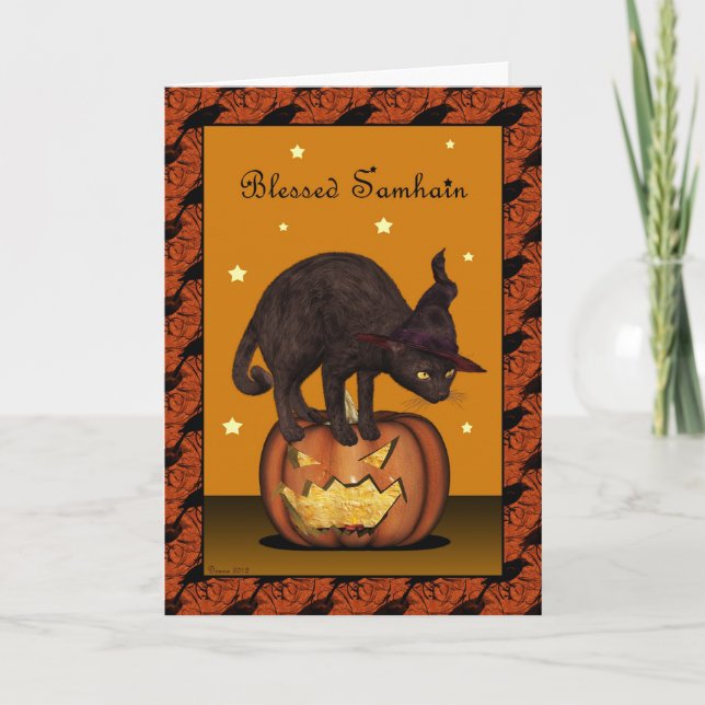 Black Cat på Jack-o-lantern Samhain-hälsningskort Kort (Framsida)