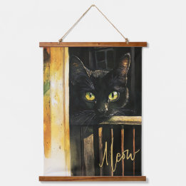 Black Cat på Porch Wood Topped Tapestry Wall Art
