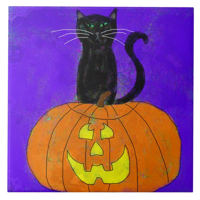 Black Cat på Pumpkin Abstrakt Halloween Art Kakelplatta (Framsidan)