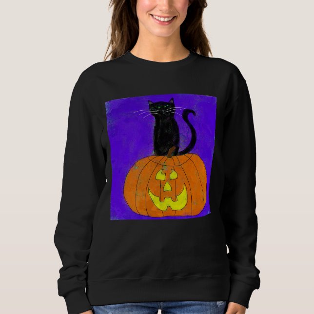 Black Cat på Pumpkin Abstrakt Halloween Art T Shirt (Framsida)