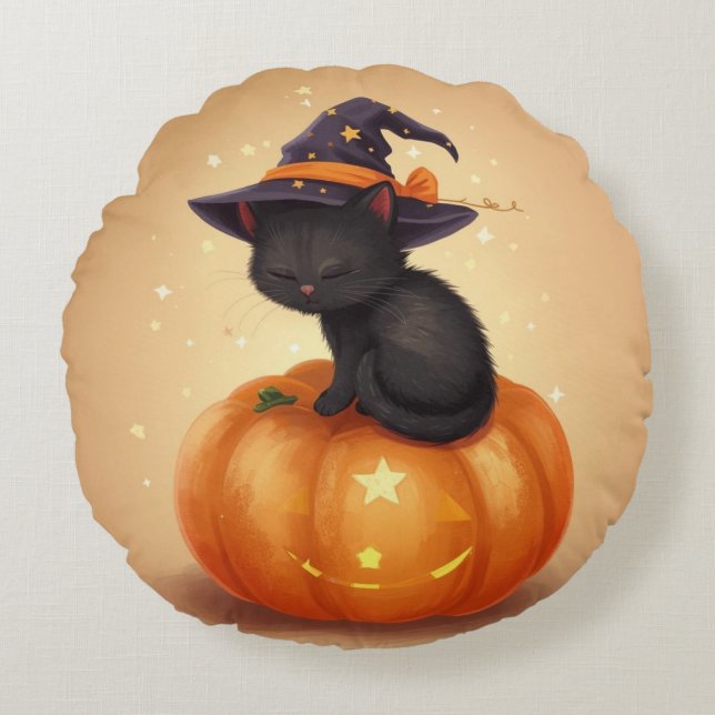 Black Cat på Pumpkin Halloween Round Pillow Rund Kudde (Framsidan)