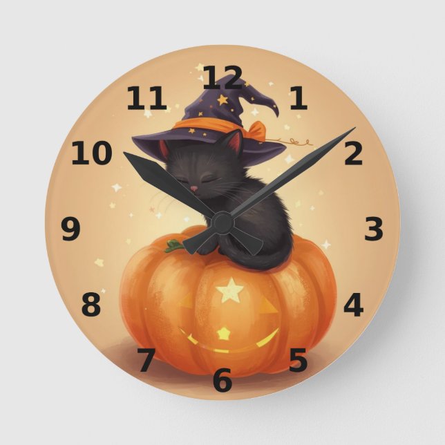 Black Cat på Pumpkin Halloween Wall Clock Rund Klocka (Framsida)