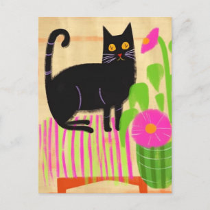 Black Cat på Rosa Stripe Seat Flowers Vykort