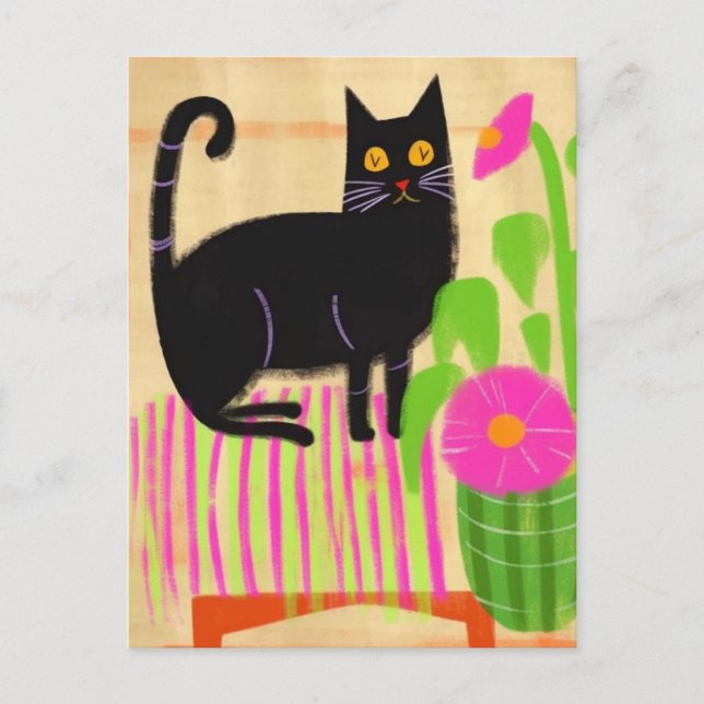 Black Cat på Rosa Stripe Seat Flowers Vykort (Framsida)