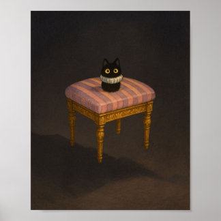 Black Cat på Rosa Stripe Stool Art Print Poster