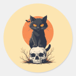 Black Cat på Skull Halloween Runt Klistermärke