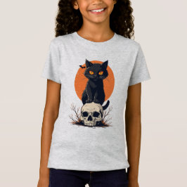 Black Cat på Skull Halloween T Shirt