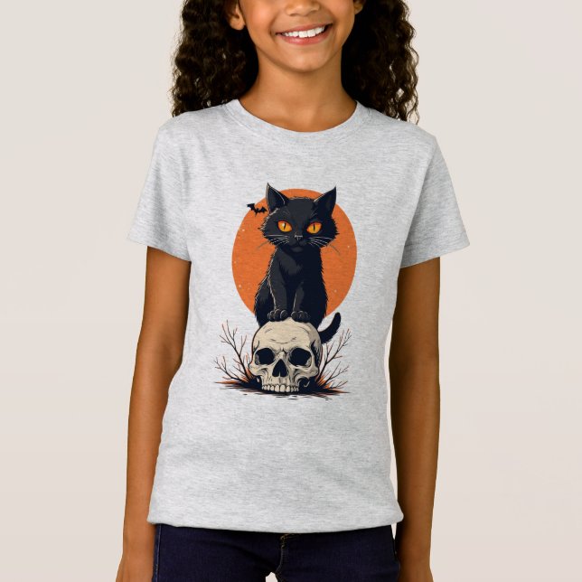 Black Cat på Skull Halloween T Shirt (Framsida)