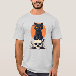 Black Cat på Skull Halloween T Shirt