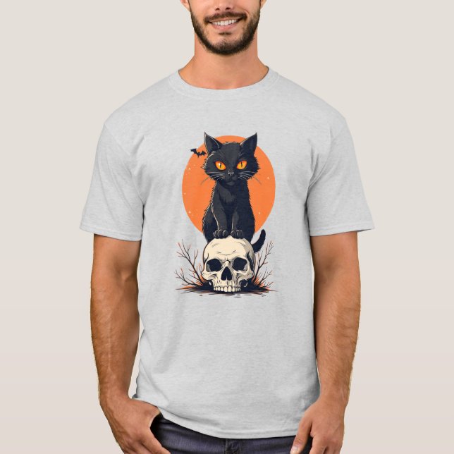 Black Cat på Skull Halloween T Shirt (Framsida)
