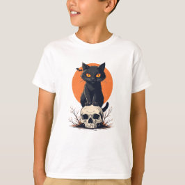Black Cat på Skull Halloween T Shirt