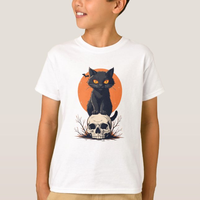 Black Cat på Skull Halloween T Shirt (Framsida)