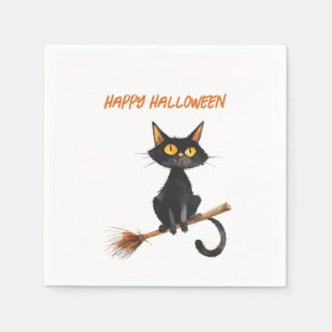 Black Cat på Witch Broom Happy halloween Pappersservett