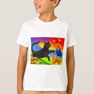 Black Cat Painting Butterflies Art - Multi T-shirt