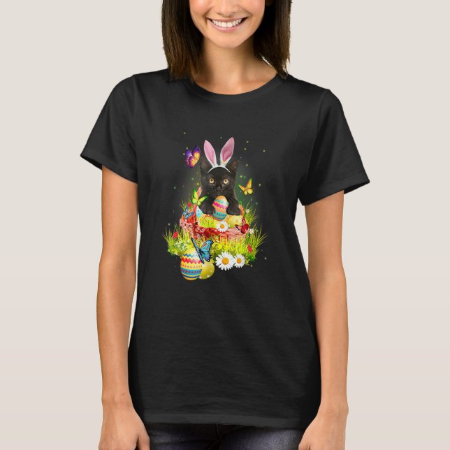 Black Cat Påsk Day Bunny Eggs Costume Manar Kvinno T Shirt (Framsida)