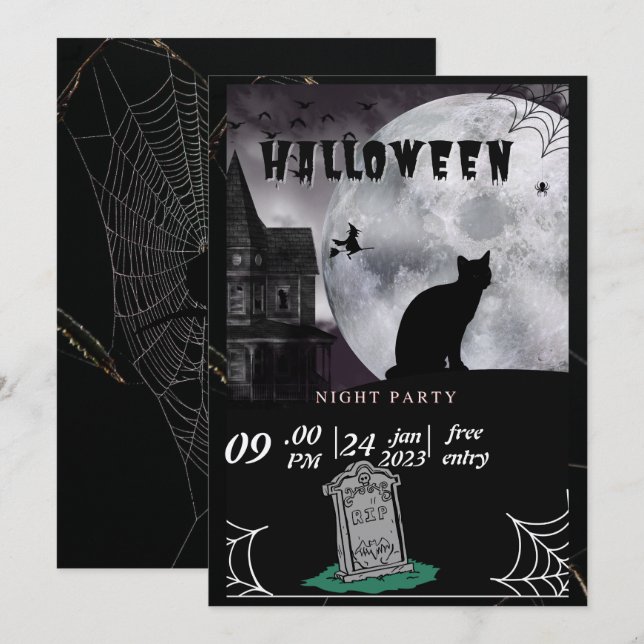 Black Cat Pastel Halloween witches Party Invit Julkort (Fram/baksida)