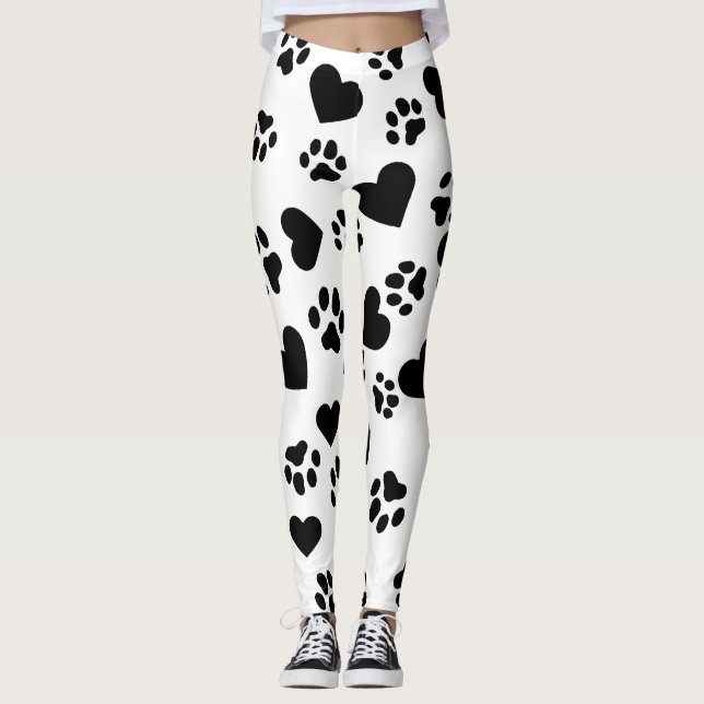 Black Cat Paw Print & Hearts Mönster Leggings (Framsida)
