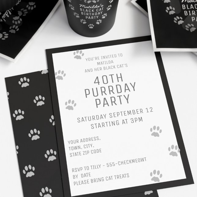 Black Cat Paw Skriv ut 40:e födelsedagsinbjudan Inbjudningar (Happy Purrday to you! If you're hosting a cat themed 40th (and you really should) here's the invite!)