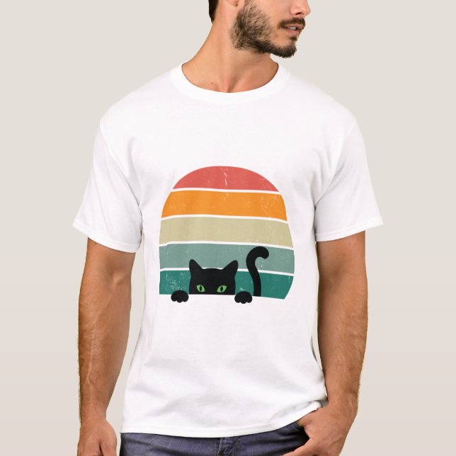 Black Cat Peeking Sunset Vintage 3 T Shirt (Framsida)