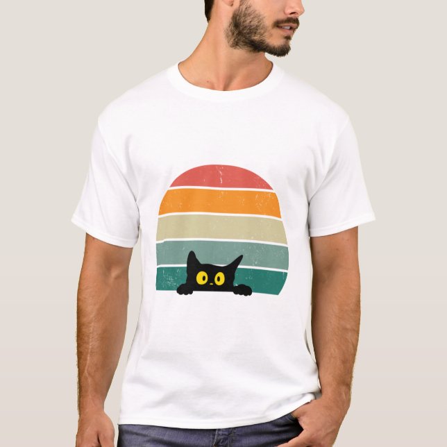 Black Cat Peeking Sunset Vintage 4 T Shirt (Framsida)