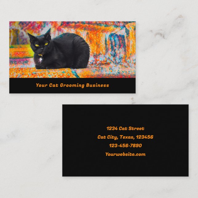Black Cat Pet Grooming Colorful Visitkort (Fram/baksida)