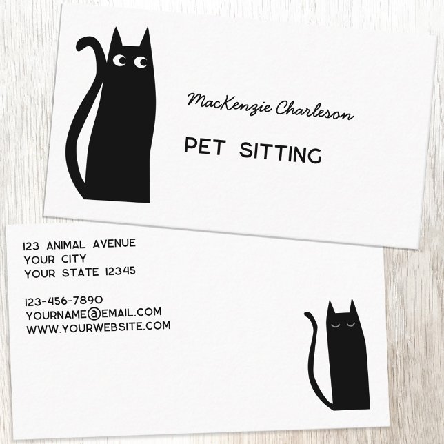 Black Cat Pet-tjänster Visitkort (Black cat pet sitting feeding animal services custom text business cards)