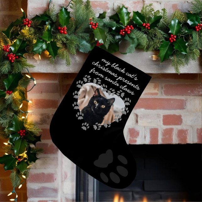 Black Cat Photo Paw Skriv ut julklapp Liten Julstrumpa (Upload their photo so they'll know that this christmas stocking is just for them)