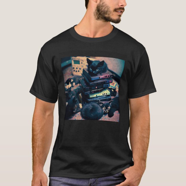 Black Cat Pile Video Games T Shirt (Framsida)