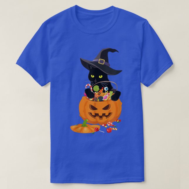 Black Cat Playing With Jack O Lantern Pumpkin Hall T Shirt (Design framsida)