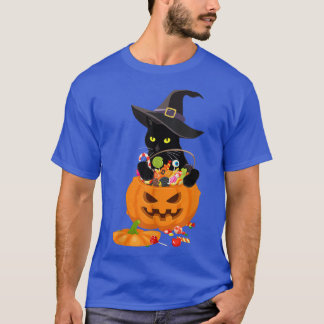 Black Cat Playing With Jack O Lantern Pumpkin Hall T Shirt