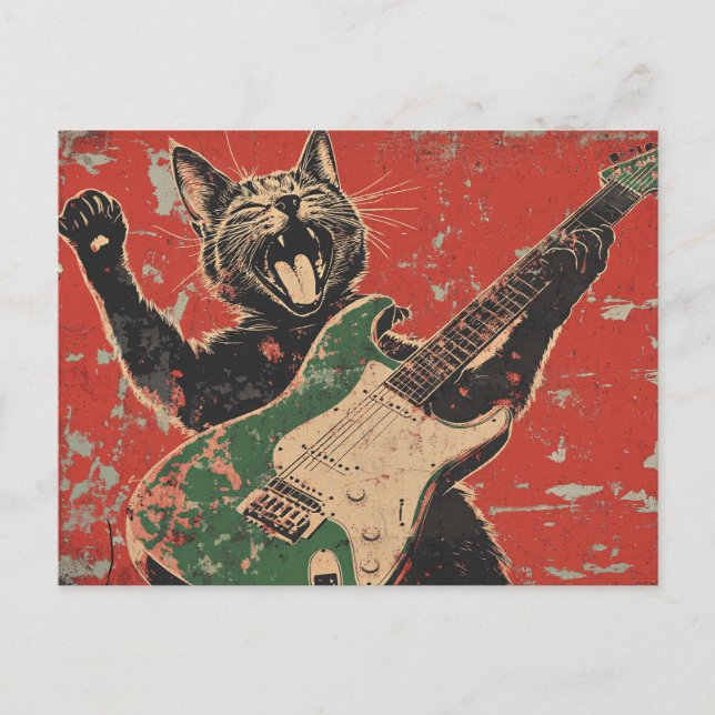 BLACK CAT PLAYY GUITAR POSTCARD VYKORT (Framsida)