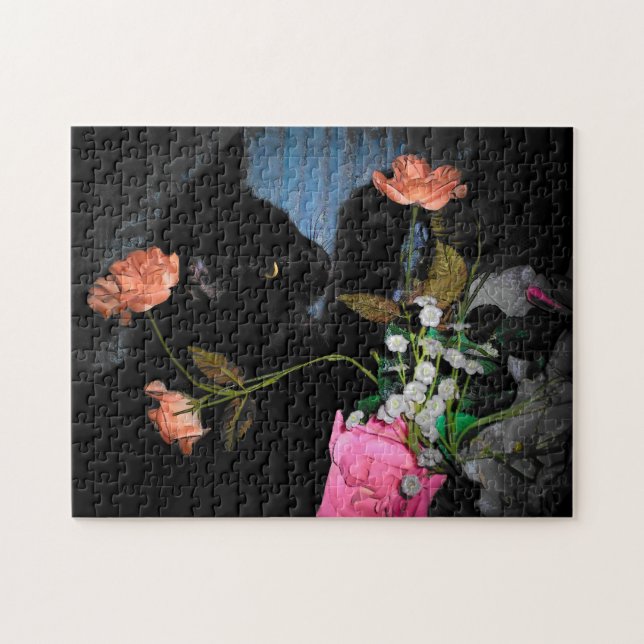 Black Cat Plockas A Flower Jigszle Puzzle Pussel (Horisontell)
