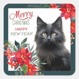 Black Cat Poinsettia Gräns jul Fyrkantigt Klistermärke
